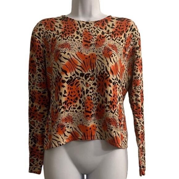 Joseph A Tops - Joseph A. Vibrant Orange and Black Silk Blend Animal Print Blouse, Large